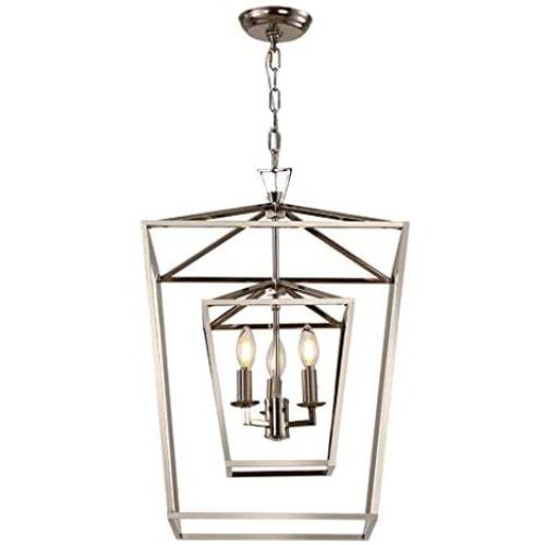 Decomust 17'' Lantern Pendant Light Industrial Vintage Lantern Iron Cage Hanging with 3-Light, Chandelier for Traditional Dining Room Bar Cafe (Chrome)