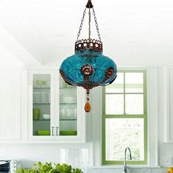 LITFAD Blue Lantern Suspension Lighting Moroccan Textured Glass 1 Light Restaurant Hanging Pendant Light 110V-120V Ceiling Hanging Light for Living Room Restaurant Hotel