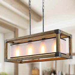 KSANA Farmhouse Chandelier, Dining Room Lighting Fixtures Hanging in Rustic Rectangle Wood and Metal Finish, Linear Pendant Lamps with PC Shade for Kitchen Island, Entryway