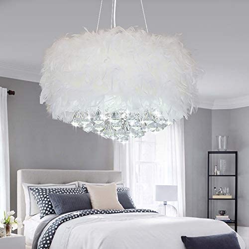 Bhesky Feather Chandelier Clear Crystal Pendant Light Rustic Drum Hanging Lamp Fixture for Dining Living Room Bedroom Restaurant Hotel (Color : White, Size : 16 inch)