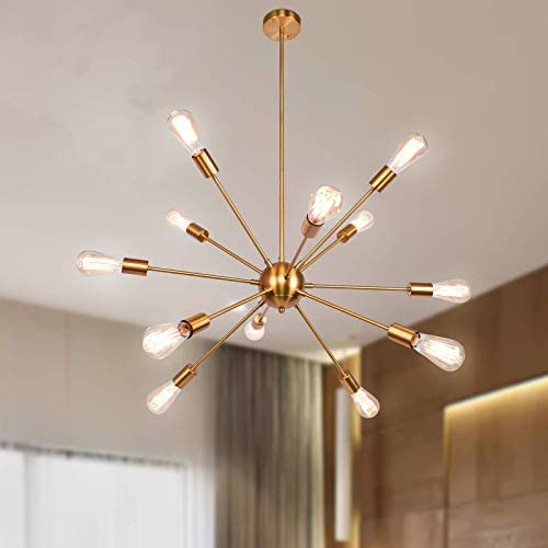 Sputnik Chandeliers 12 Lights，Mid Century Modern Chandelier Brass Ceiling Light Fixture Industrial Vintage Gold Pendant Lighting Retro Hanging Lights for Kitchen Hallway Dining Room Living Room