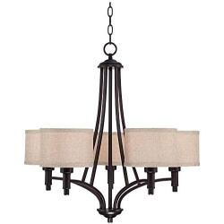 La Pointe Works Oil Rubbed Bronze Chandelier 26'' Wide Arched Arms Oatmeal Linen Shades 5-Light Fixture for Dining Room House Foyer Kitchen Island Entryway Bedroom Living Room - Franklin Iron Works