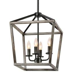 reesenLight Farmhouse Chandelier 4-Light Rustic Wood Metal Pendant Lighting, Kitchen Island Ceiling Hanging Light Fixtures with Oil Rubbed Bronze Finish for Dining Room, Living Room, Entryway