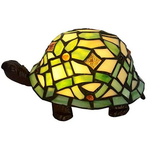 HT Tiffany Style Small Night Light Shaped Table Lamps, Green Turtle Stained Glass Shade Cast Iron Base, for Living Room Bedroom Bedside Nightstand