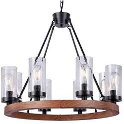 Wellmet 8-Light Farmhouse Chandeliers for Dining Room, 30 inch Rustic Wagon Wheel Chandelier with Seeded Glass Shade, Antique Vintage Round Wood-Painted Hanging Lighting Kitchen Island Living Room