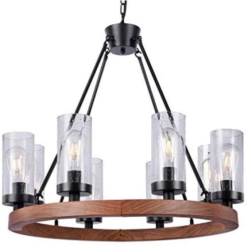 Wellmet 8-Light Farmhouse Chandeliers for Dining Room, 30 inch Rustic Wagon Wheel Chandelier with Seeded Glass Shade, Antique Vintage Round Wood-Painted Hanging Lighting Kitchen Island Living Room