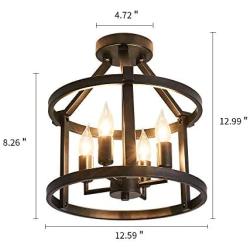 UOFUS Metal Semi Flush Mount Ceiling Light Fixture ，4 Candle Holder Lights Rustic Chandelier ，Farmhouse Lighting for Living Room Bedroom Kitchen Hallway