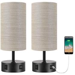 Oneach Modern Table Lamps Set of 2 with Dual USB Charging Port an AC Outlet 15” Bedside Desk Lamp for Bedroom Living Room Grey Cylinder Shade