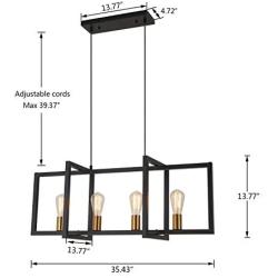 Heircido 4 Lights Modern Ceiling Light Fixture, Rectangle Ceiling Light Pendant Hanging Lights Industrial Chandelier Farmhouse Pendant Lighting for Kitchen Island, Matte Black