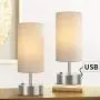 Oneach Modern Table Lamps Set of 2 with Dual USB Charging Port an AC Outlet 15” Bedside Desk Lamp for Bedroom Living Room Grey Cylinder Shade