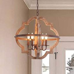 Trongee Farmhouse Orb Chandelier, Rustic Wood Pendant Light Fixtures, Adjustable Height, Industrial Handmade Hanging Lamp for Kitchen Island Dining Living Room Bedroom Entryway, 4-Light