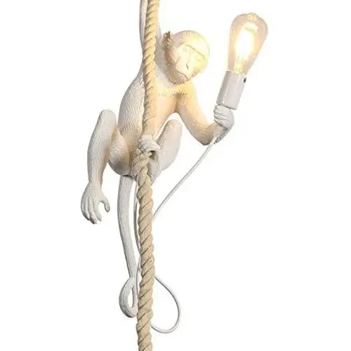 IJ INJUICY Monkey Pendant Light, Resin Hanging Lamp, Hemp Rope Ceiling Light Fitting for Kitchen, Bedroom, Living Dining Room, Corridor, Restaurant, Bar (White)