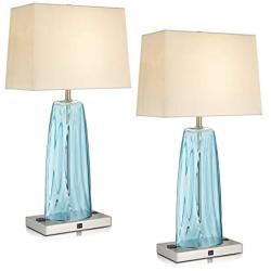 USB Table Lamp Set of 2, LMS 28'' Bedside Table Lamps with USB Charging Ports, Blue Glass Nightstand Lamp with White Fabric Shade, Table Lamps for Bedroom Living Room, LMS-070