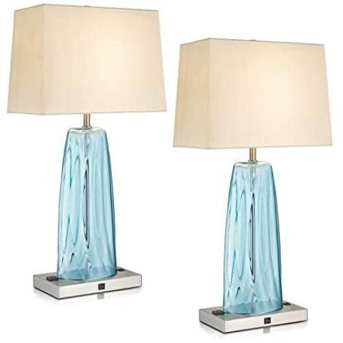 USB Table Lamp Set of 2, LMS 28'' Bedside Table Lamps with USB Charging Ports, Blue Glass Nightstand Lamp with White Fabric Shade, Table Lamps for Bedroom Living Room, LMS-070
