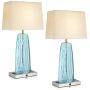 USB Table Lamp Set of 2, LMS 28'' Bedside Table Lamps with USB Charging Ports, Blue Glass Nightstand Lamp with White Fabric Shade, Table Lamps for Bedroom Living Room, LMS-070