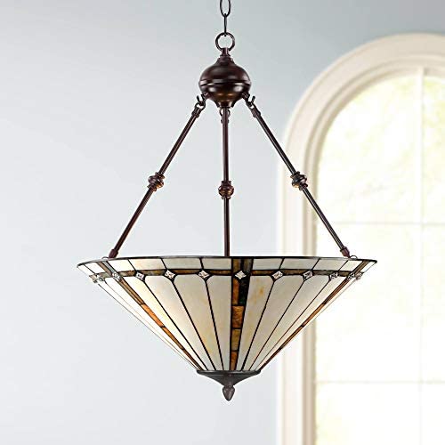 Bronze Tiffany Pendant Chandelier 20'' Wide Modern Gold Texture Ivory Stained Glass 3-Light Fixture for Dining Room House Foyer Kitchen Island Entryway Bedroom Living Room - Robert Louis Tiffany