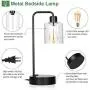 Modern Bedside Table Desk Lamp, 3 Way Dimmable Glass Lampshade Design Industrial Touch Control Table Lamp with 2 USB Ports and 2 AC Outlet, Nightstand Reading Lamp for Bedroom Living Room Office