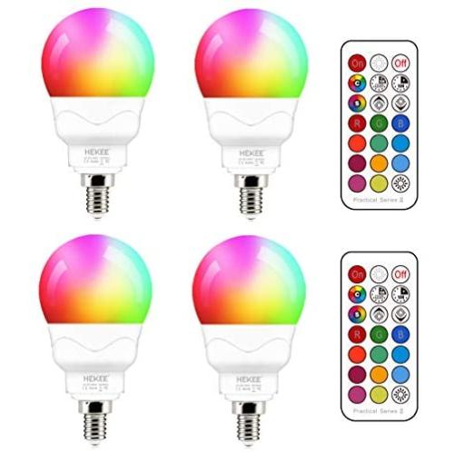 E12 LED Light Bulbs (40w Equivalent) 5W, Color Changing RGB, Small Base Candelabra Round Light Bulb, A15 Candle Base, 5700K White 12 Colors 2 Modes Timing with Remote Control (4 Pack)