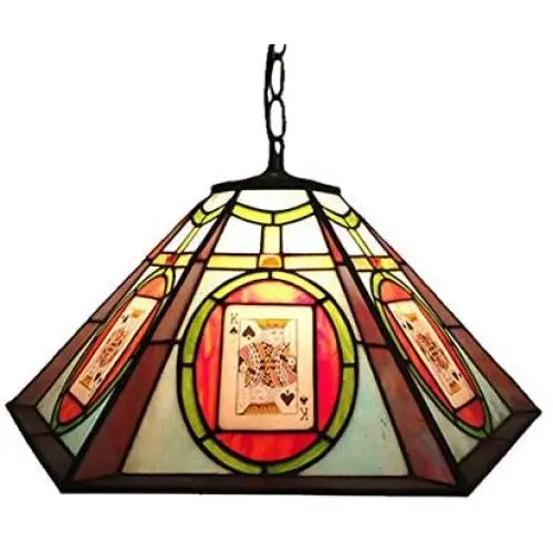 CraftThink Pendant Lighting LED Chandelier Light Antique Tiffany Art 18''W Geometric Shade Stained Glass with Poker Pattern 2 Lights Hanging Light for Dining Living Cafe Room Restaurant - TYP A
