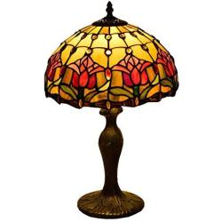 YUEXING Vintage Beside Desk Lamp 12 inch Wide Tulip Flower Stained Glass Shade Antique Zinc Alloy Base Indoor Multicolor Reading Lighting Bedside Lamp for Bedroom Living Room [Energy Class A]