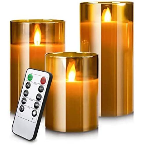 Led Flameless Candles, Battery Operated Real Pillar Wax Flickering Moving Wick Effect Glod Glass Candle Set with Remote Control Cycling Timer, 4 inch, 5 inch, 6 inch, Pack of 3