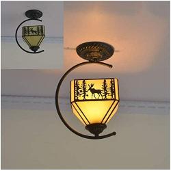 LITFAD Lodge Style Ceiling Lamp 110V-120V Deer Pattern Square Semi Flush Mount Ceiling Light with Wrought Iron Arm, Up Lighting LED Pendant Lighting for Dining Room Bedroom Corridor