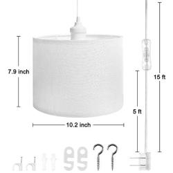 QITIM 2 Pack Plug in Pendant Light Indoor, White Linen Shade Hanging Light Fixture for Kitchen, Living Room, Dining Table, 15FT Clear Cord with On/Off Switch, E26 Socket