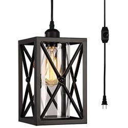 HMVPL Farmhouse Pendent Ceiling Lighting Fixtures with 16.4 Ft Plug in Cord and On/Off Dimmer Switch, Industrial Iron Glass Swag Hanging Lamps for Kitchen Island Dining Room Hallway