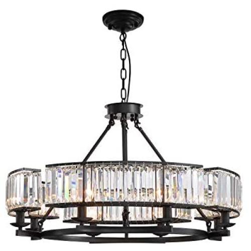 Siljoy Luxury Round Crystal Chandelier Modern LED Dimmable 8-Lights Pendant Lighting Vintage Flush Mount Black Ceiling Fixture for Dining Room Kitchen Entryway, Dia 31.5''