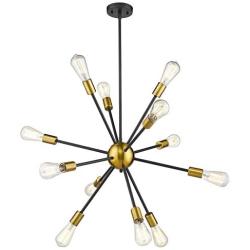 Jazava Modern Sputnik Chandelier, 12-Light Starburst Pendant Lighting, Mid-Century Hanging Light Fixture, Black & Brass Brushed