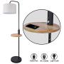 Modern Floor Lamp with Table, LED Minimalist Floor Lamp with USB Ports, AC Outlet and Wood Tray, 9W LED Bulb Included, Linen Fabric Lampshade Standing Lamp Suitable for Living Room, Bedroom, Office