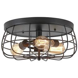 ZZ Joakoah Industrial 3-Light Rustic Semi Flush Mount Ceiling Light, Metal Cage Pendant Lighting Lamp Fixture for Kitchen Living Room Bedroom Hallway Stairway Garage, E26, Black Painting Finish.