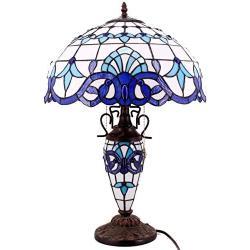 Tiffany Style Table Lamp W16H24 Inch Tall Blue White Stained Glass Baroque Lampshade Antique Night Light Base S003B WERFACTORY Lamps Lover Living Room Bedroom Study Reading Desk Nightstand Art Gifts