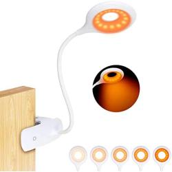 Clip On Reading Light for Bed Headboard - Rechargeable 16 LED Amber Book Light, 5 Brightness Desk Light Clamp Lamp, Touch Control Dimmable Reading Lamp with Flexible Neck, Gentle Night Light for Kids