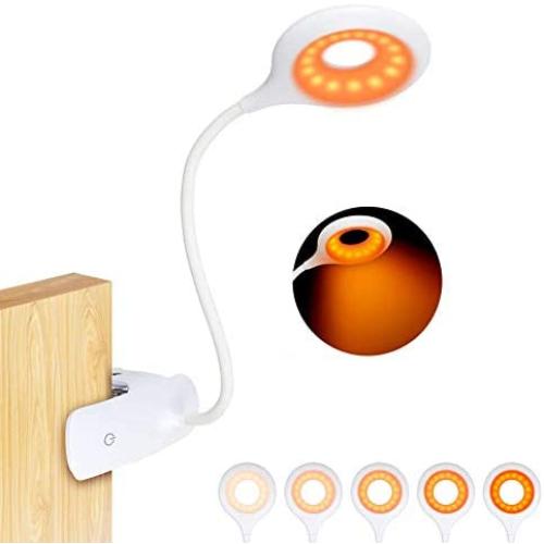 Clip On Reading Light for Bed Headboard - Rechargeable 16 LED Amber Book Light, 5 Brightness Desk Light Clamp Lamp, Touch Control Dimmable Reading Lamp with Flexible Neck, Gentle Night Light for Kids