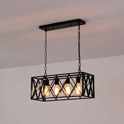 Industrial Island Pendant Lighting,Black Metal Light,Vintage Hanging Rectangular Light Fixture for Farmhouse, Kitchen, Bar,Dinning Room,E26 4 Lights