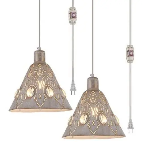 YLONG-ZS White Swag Lamp Rustic Pendant Light Plug in Hanging Light, Indoor Ceiling Light for Kitchen Living Room, Bedroom, Dinning Hall, 16FT Adjustable Cord with On/Off Switch【2PACK】