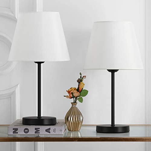 Bedside Table Lamps, Modern Desk Lamp with White Fabric Lampshade, Small Black Metal Desk Lamp for Bedroom, Living Room, Office, Dorm Room, Set of 2