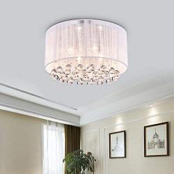 Edvivi Belle 4-Light Chrome Finish with White Thread Wrapped Drum Shade Flush Mount Chandelier Ceiling Fixture with Hanging Crystals | Glam Lighting