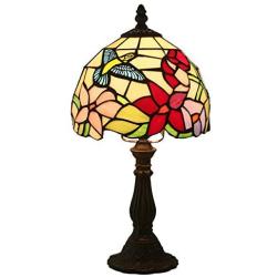 Tiffany Style Table Lamp Bedside Lamp,Stained Glass Desk Lamp Reading Lamp for Living Room Bedroom,Antique Zinc Base,8''Floral Lampshade,Hummingbird