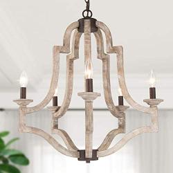 LOG BARN Wood Metal Chandelier, Farmhouse Chandelier Lighting for Kitchen Island, Dining Room, 5-Light, W 23”