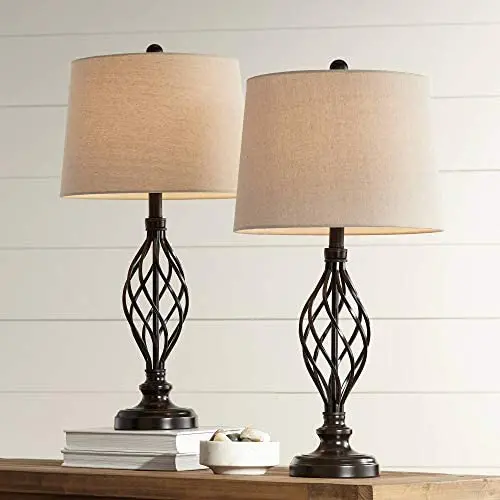 Annie Traditional Table Lamps Set of 2 Bronze Iron Scroll Tapered Cream Drum Shade for Living Room Family Bedroom - Franklin Iron Works Annie Traditional Table Lamps Set of 2 Bronze Iron Scroll Tapered Cream Drum Shade for Living Room Family Bedroom - Franklin Iron Works