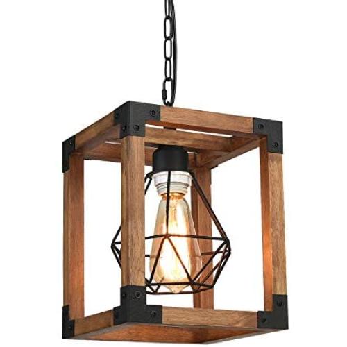 Farmhouse Chandelier Small Rustic Pendant Lighting Fixture for Dinning Room, Kitchen Island, Living Room, Entryway, with Wood&Metal Cage Square 7.9, 1 Light DOHOMER