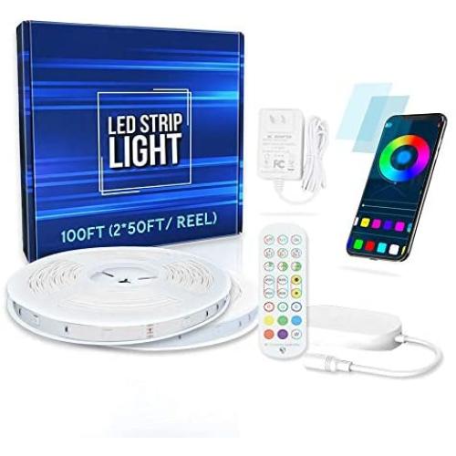 Cuiwos 100 FT LED Strip Lights for Bedroom, LED Lights 100 FT (LED Lights for Bedroom 50ft × 2) with Bluetooth Remote App Controller, Color Changing RGB LED Strip Lights (Lights That Sync with Music)