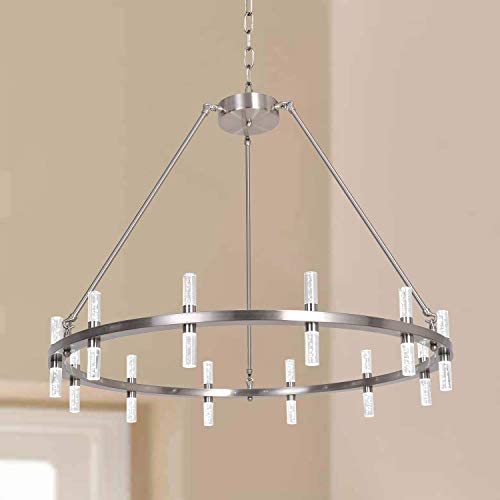 MEEROSEE Brushed Nickel Chandelier Modern Farmhouse LED Pendant Lighting Fixture D35.43'' Acrylic Shade 24 Lights Round Dining Room Chandeliers for Island Kitchen Living Room Dimmable
