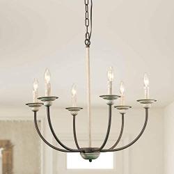 LOG BARN Farmhouse Chandelier, Dining Room Lighting Fixtures Hanging in Antique White, Rustic Metal Finish, 26'' Medium French Country Pendant for Foyer, Entryway, Bedroom