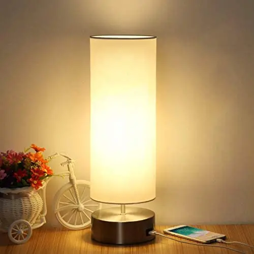 USB Table Lamp, Boncoo Touch Control Bedside Nightstand Lamp Quick USB Charging Port 3 Level Brightness Dimmable Modern Ambient Light with Round Lampshade for Bedroom Living Room, 6W LED Bulb Included