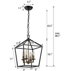 Farmhouse Lantern Chandelier ,4-Light Metal Adjustable Height Industrial Square Pendant Light,for Living Room,Kitchen Lsland,Hallway Foyer Hanging Lighting(Black+Gold)