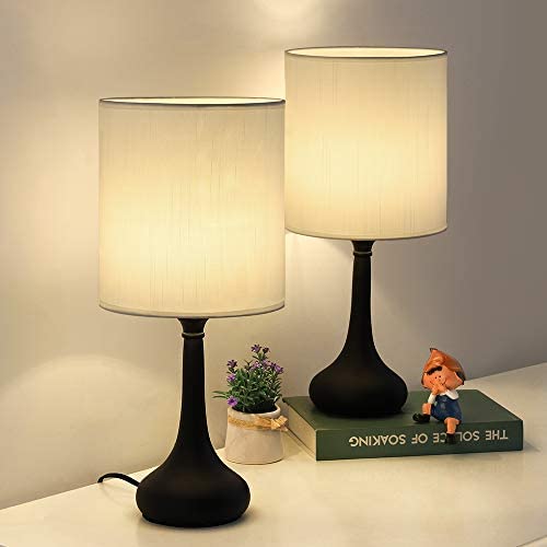 Modern Table Lamps - Bedside Desk Lamp Set of 2, Small Nightstand Lamps for Office Home Bedroom Living Room with Fabric Lamp Shade and Metal Base