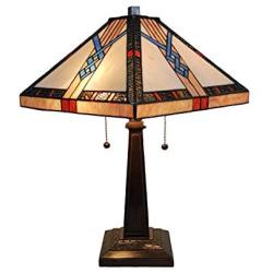 Tiffany Style Table Lamp Banker Mission 23'' Tall Stained Glass Tan Blue Orange Brown Vintage Antique Light Décor Nightstand Living Room Bedroom Handmade Gift AM244TL14B Amora Lighting